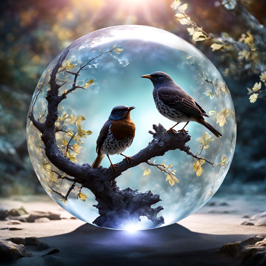 Rock Thrushes in Crystal Ball, Fantasy Art