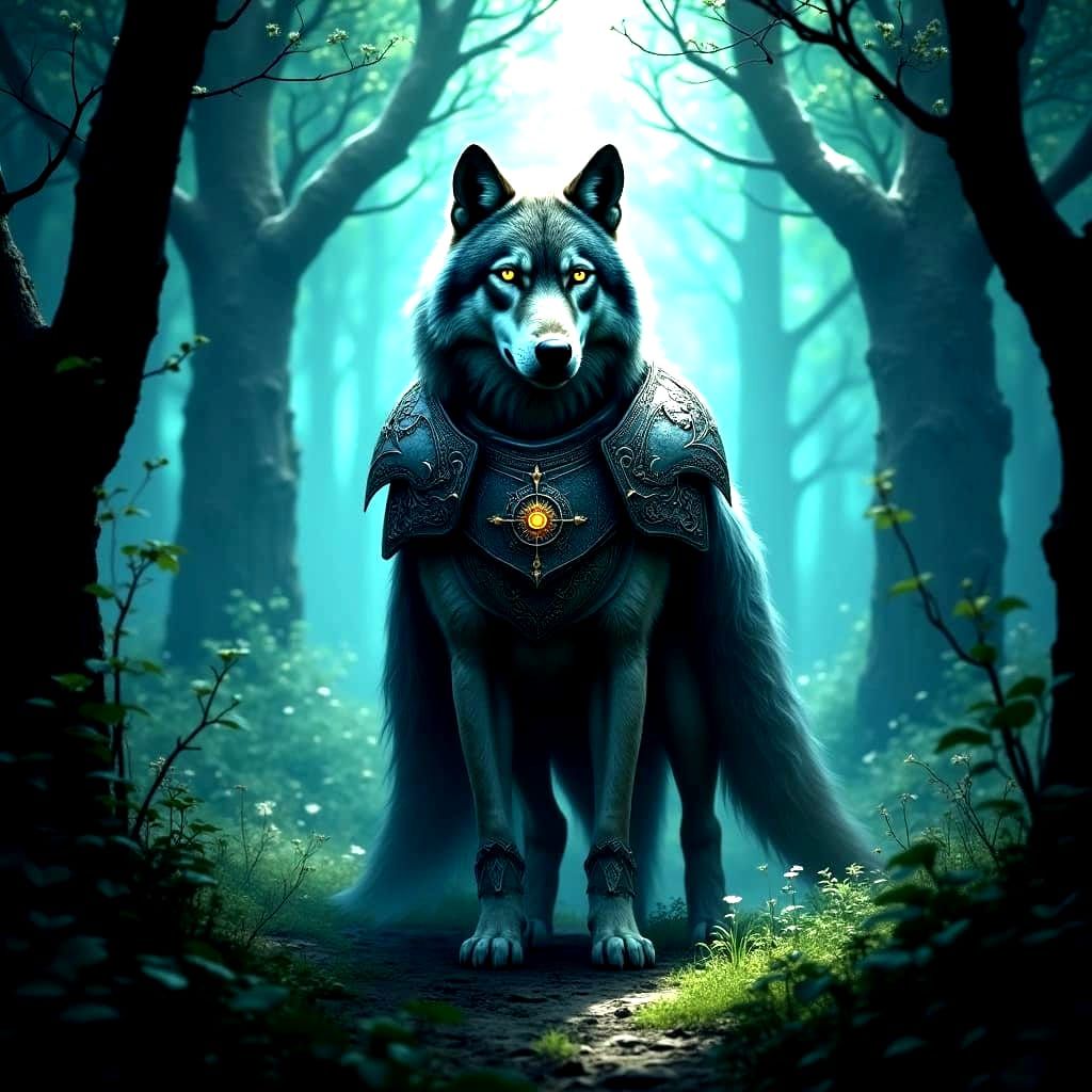 Majestic Wolf in Silver Armor Guards Enchanted Forest