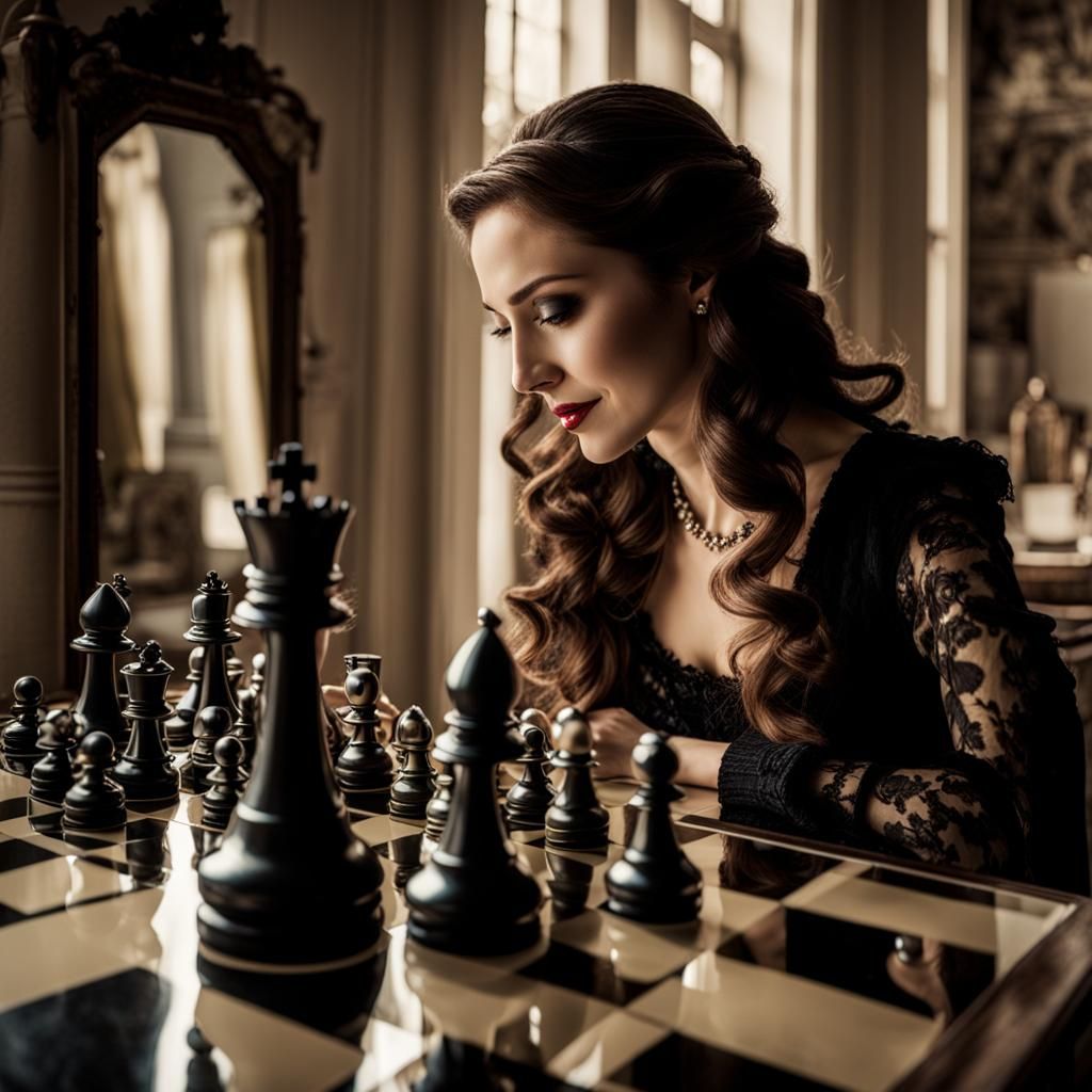 Woman's Reflection Celebrates Chess Victory
