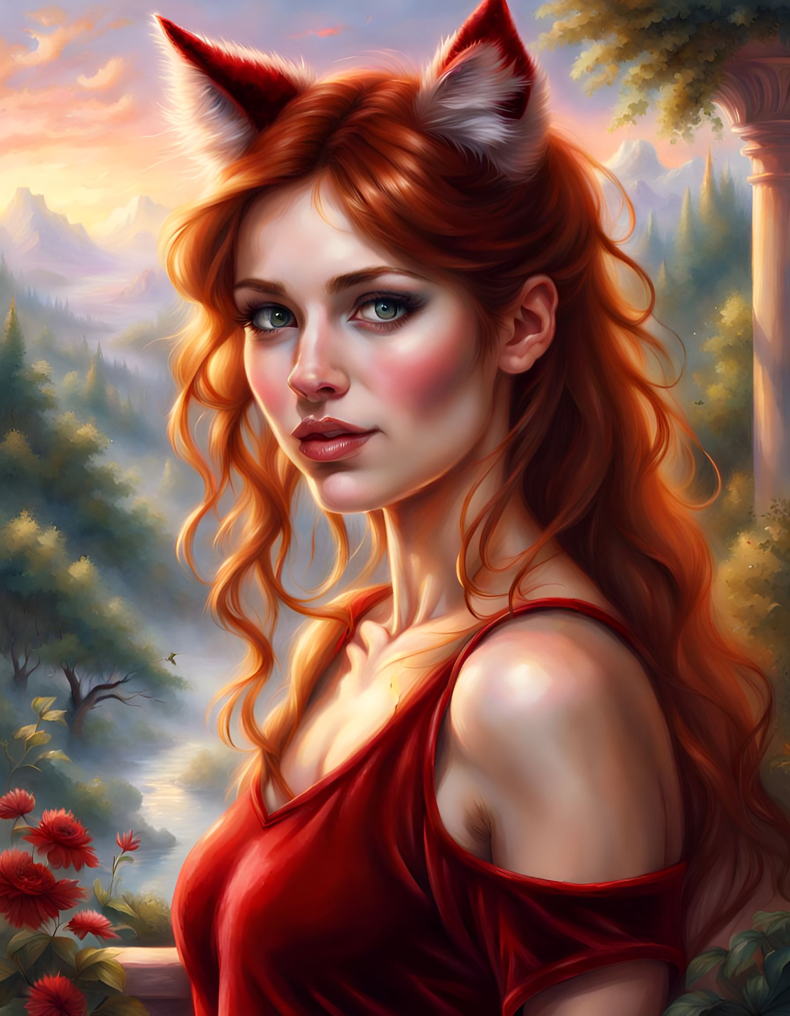 Auburn-Haired Catgirl in Ethereal Fantasy Style