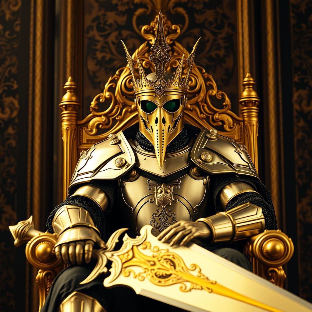 King with Plague Doctor Mask on Golden Throne