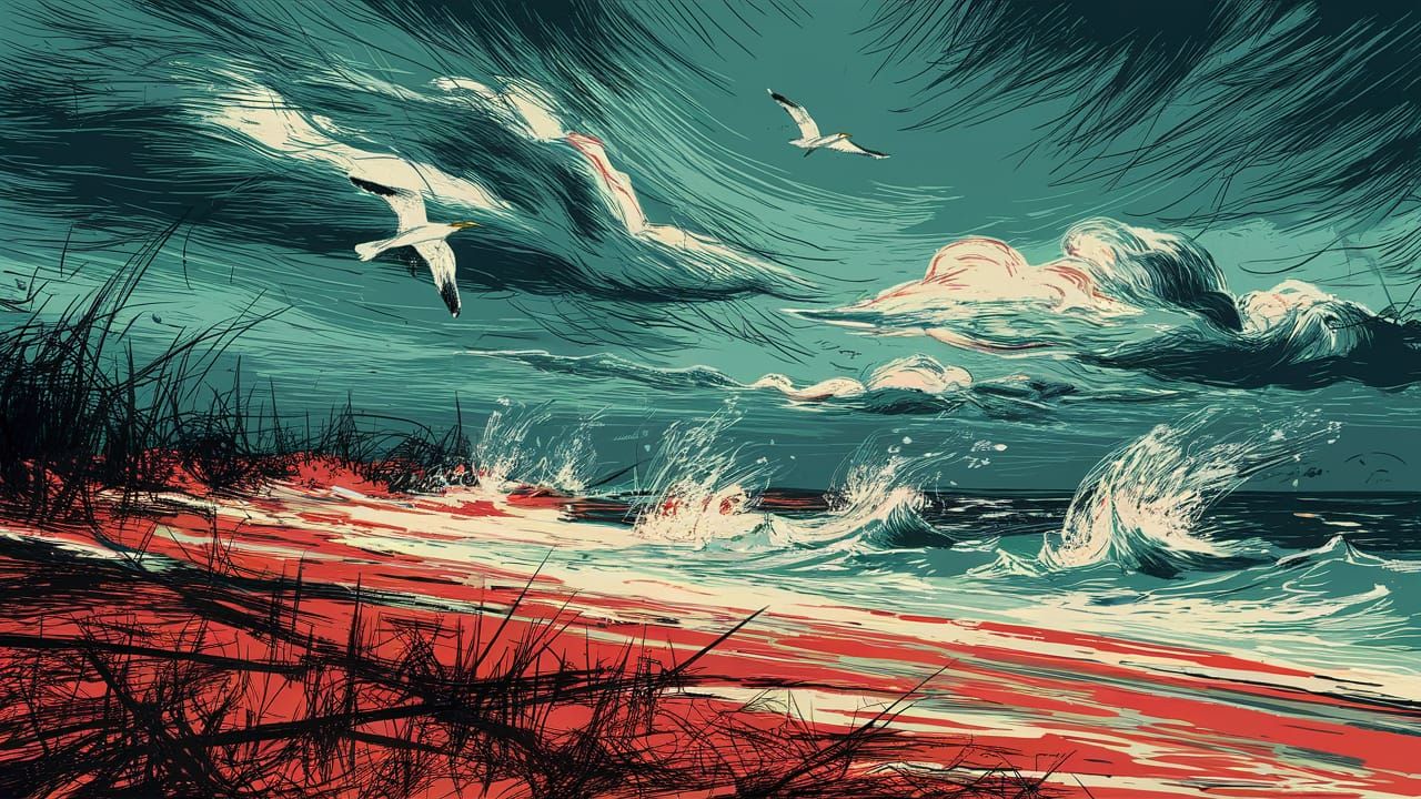 Impressionistic Beach Scene with Seagull