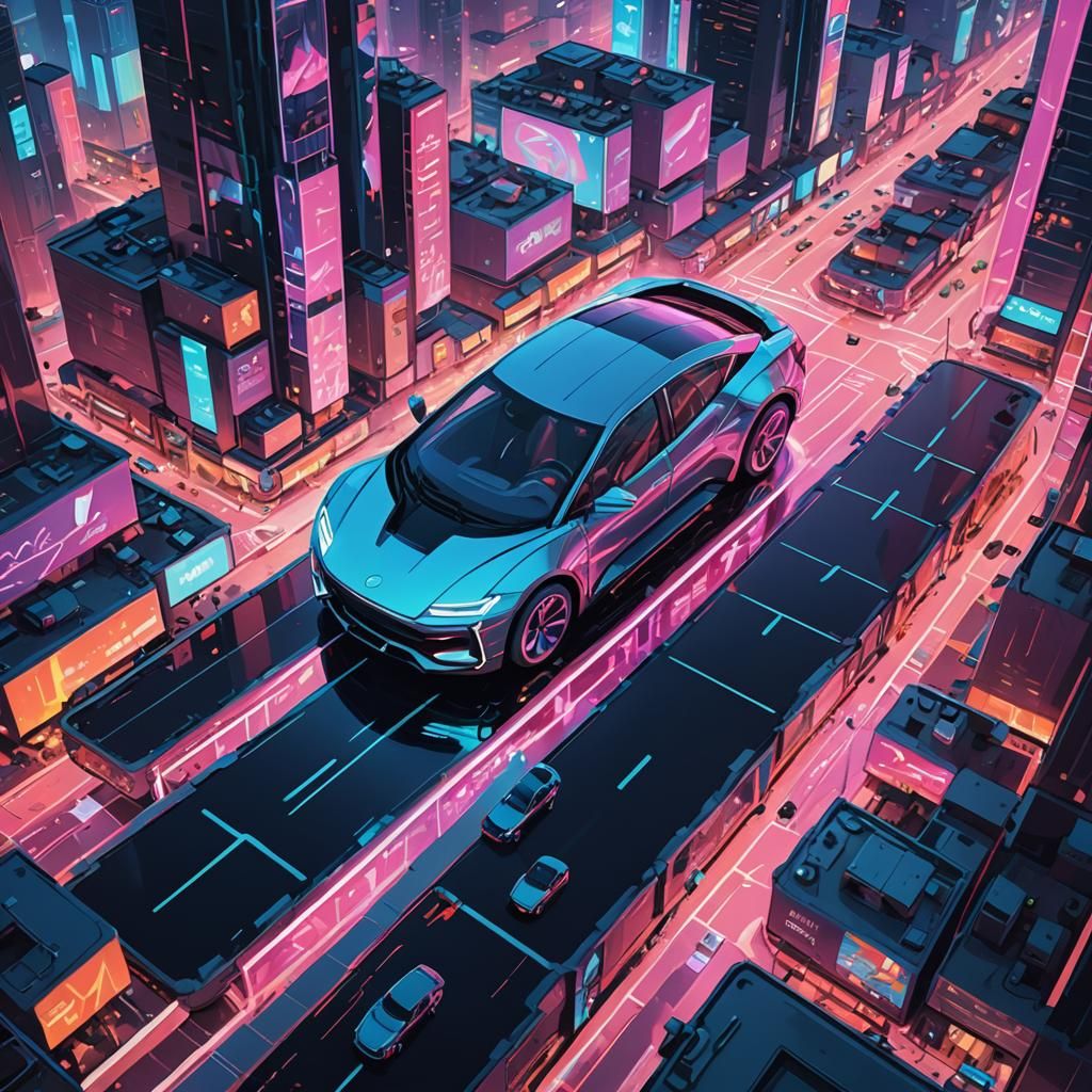 Futuristic Self-Driving Car Over Neon Cityscape
