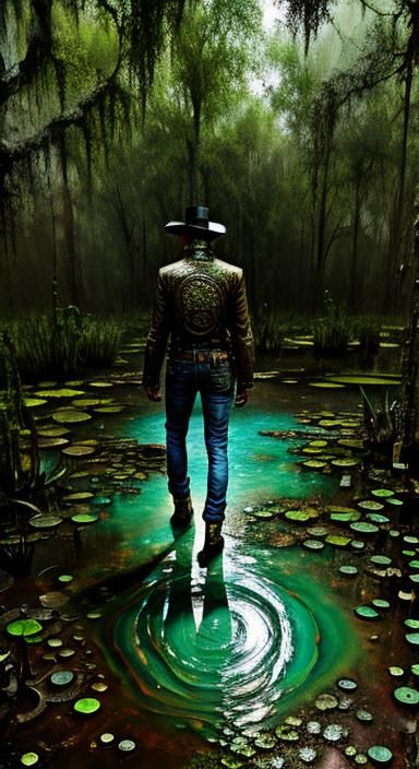 Steampunk Alligator in a Psychedelic Swamp