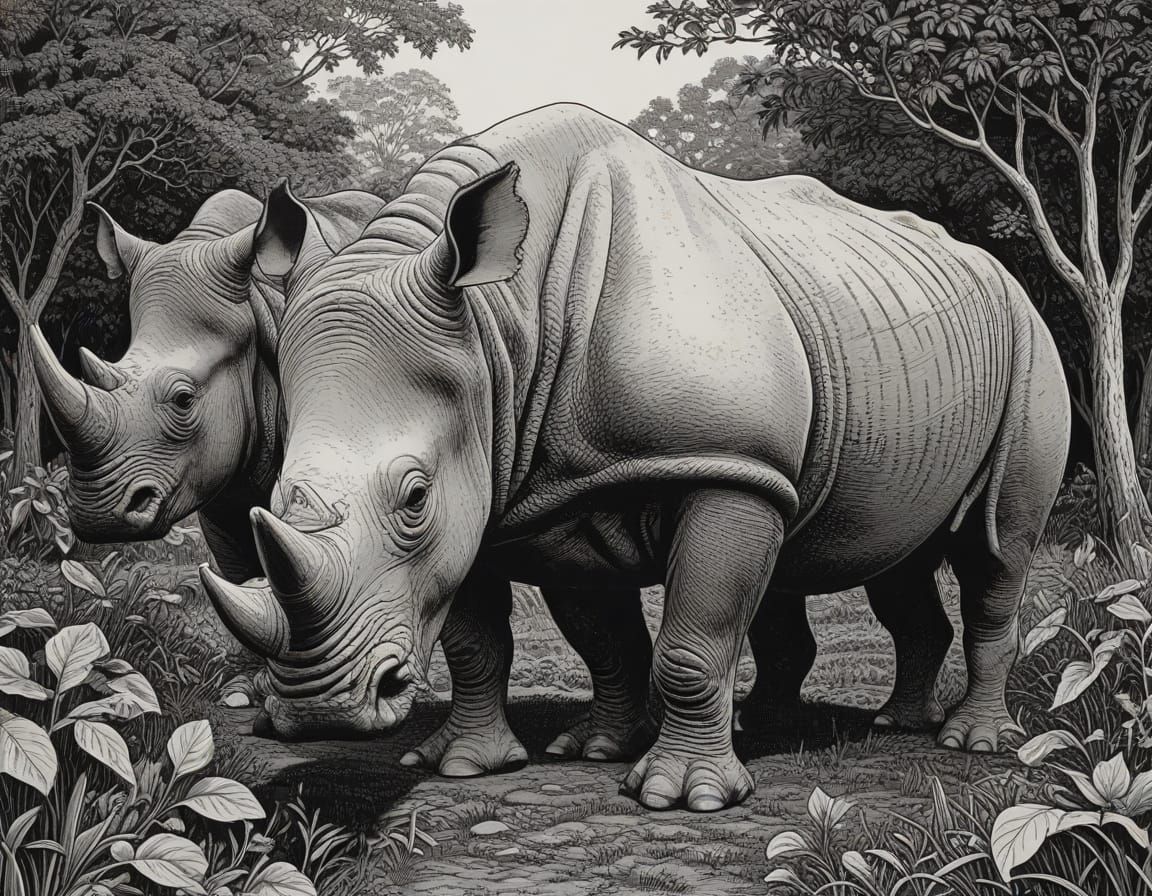 Monochrome Linocut of a Rhinoceros in Garden