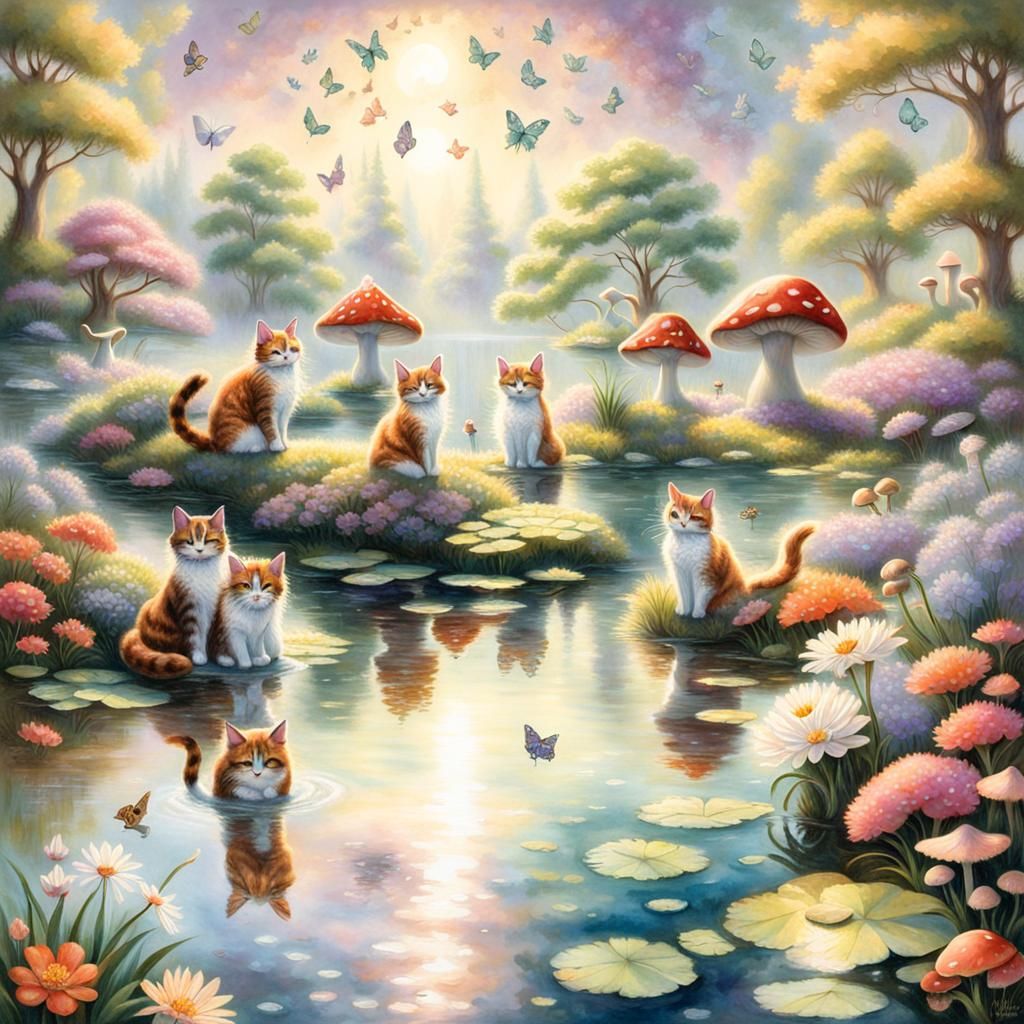 Anthropomorphic Cats Dancing in Ethereal Pond
