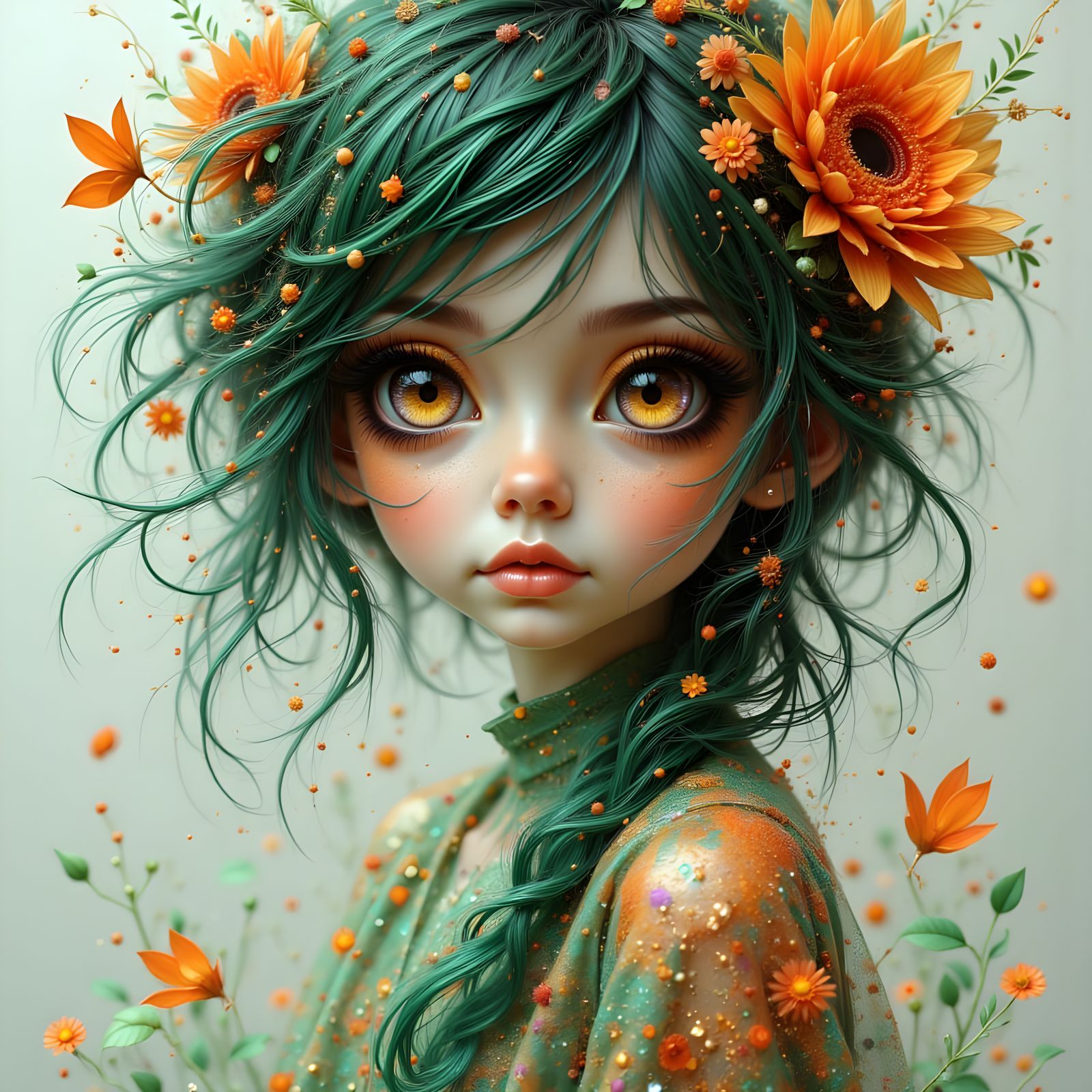 Whimsical Girl in Abstract Green and Orange