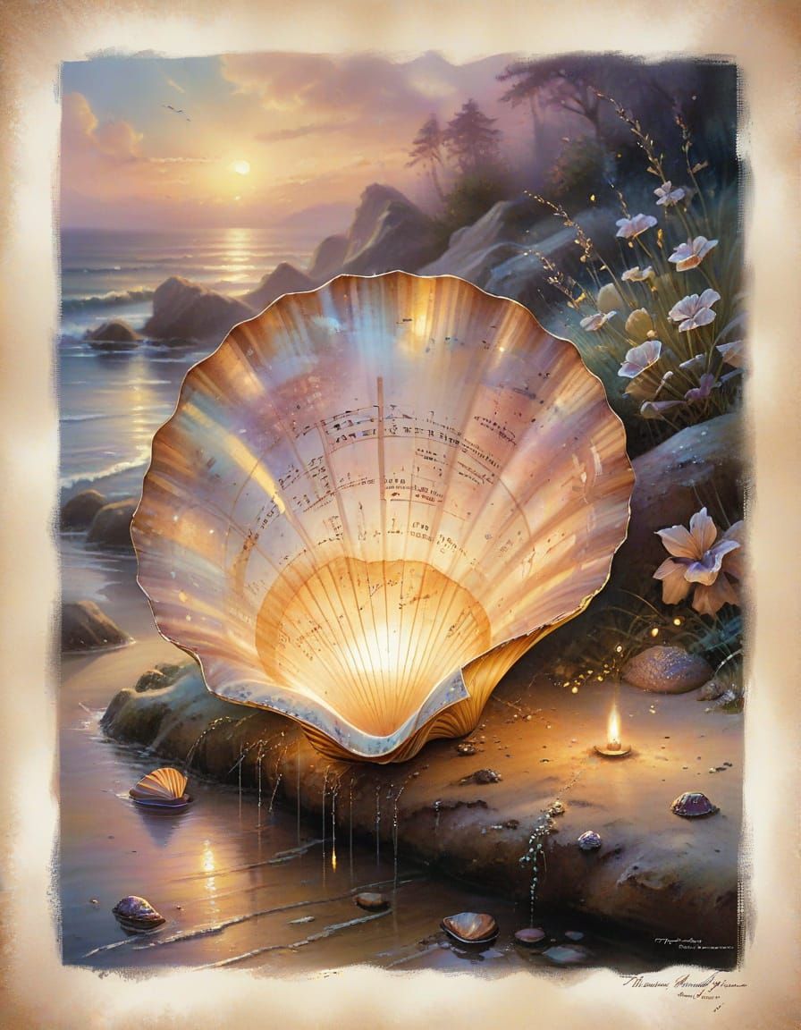 Faded Musical Sheet With Calico Scallop Shell in Dreamlike M...
