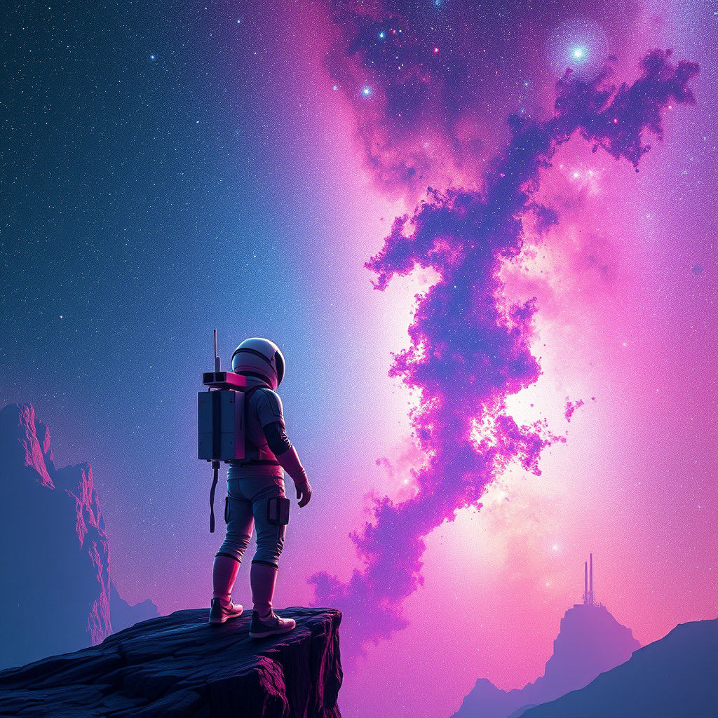 Neon Astronaut Gazing at Milky Way in Synthwave Style