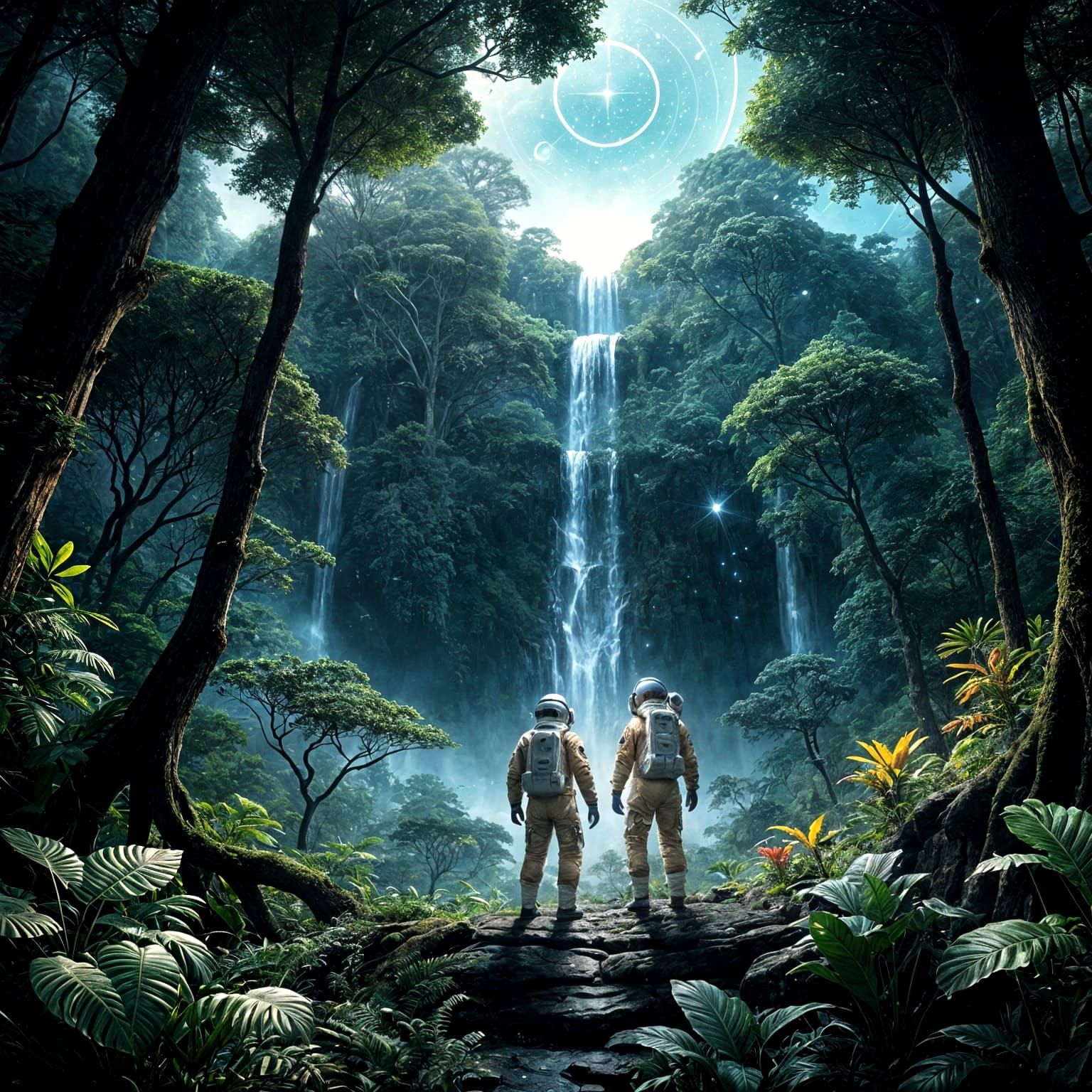 Astronauts exploring a vibrant alien jungle at twilight