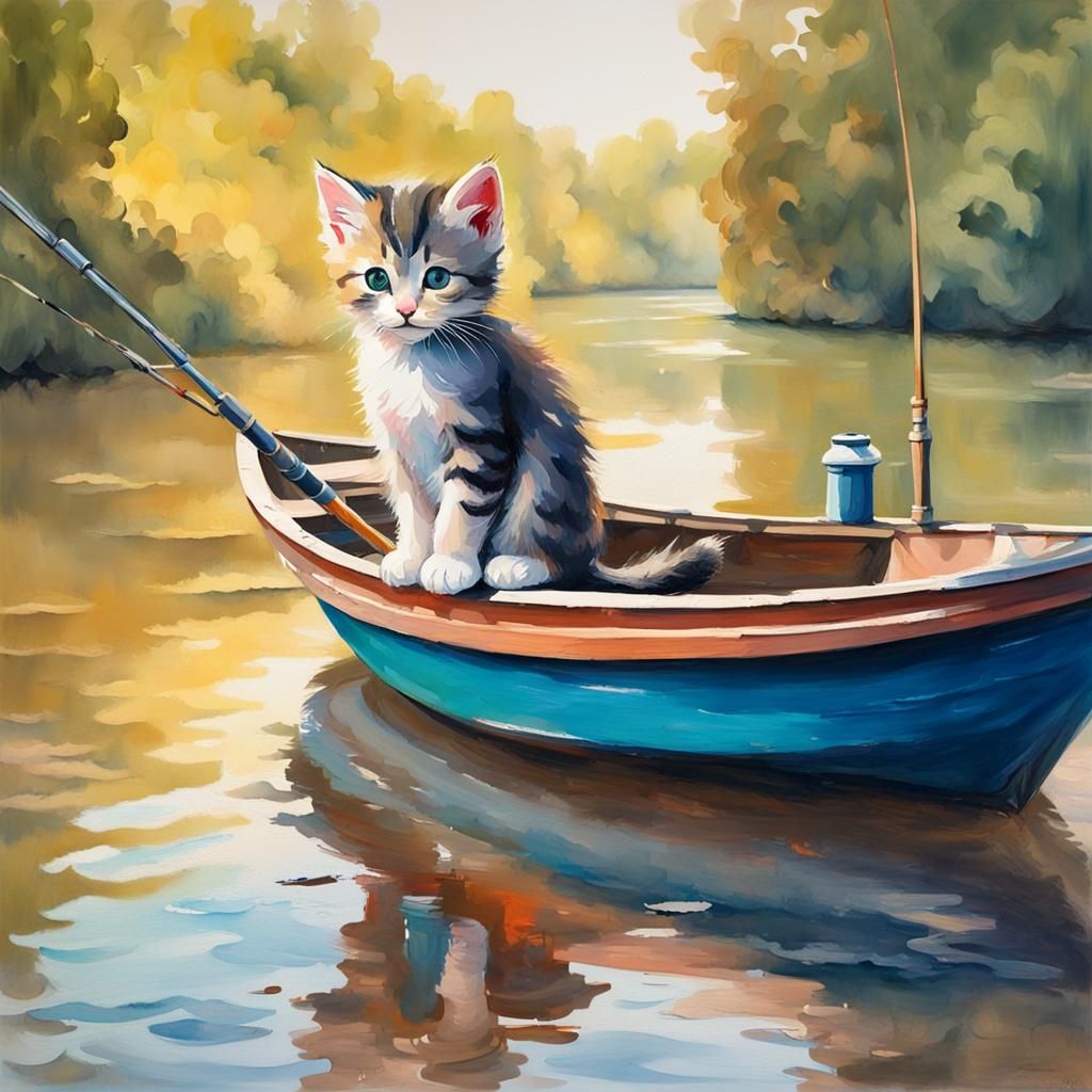 Kitten Fishing on River in Gouache Watercolor Style