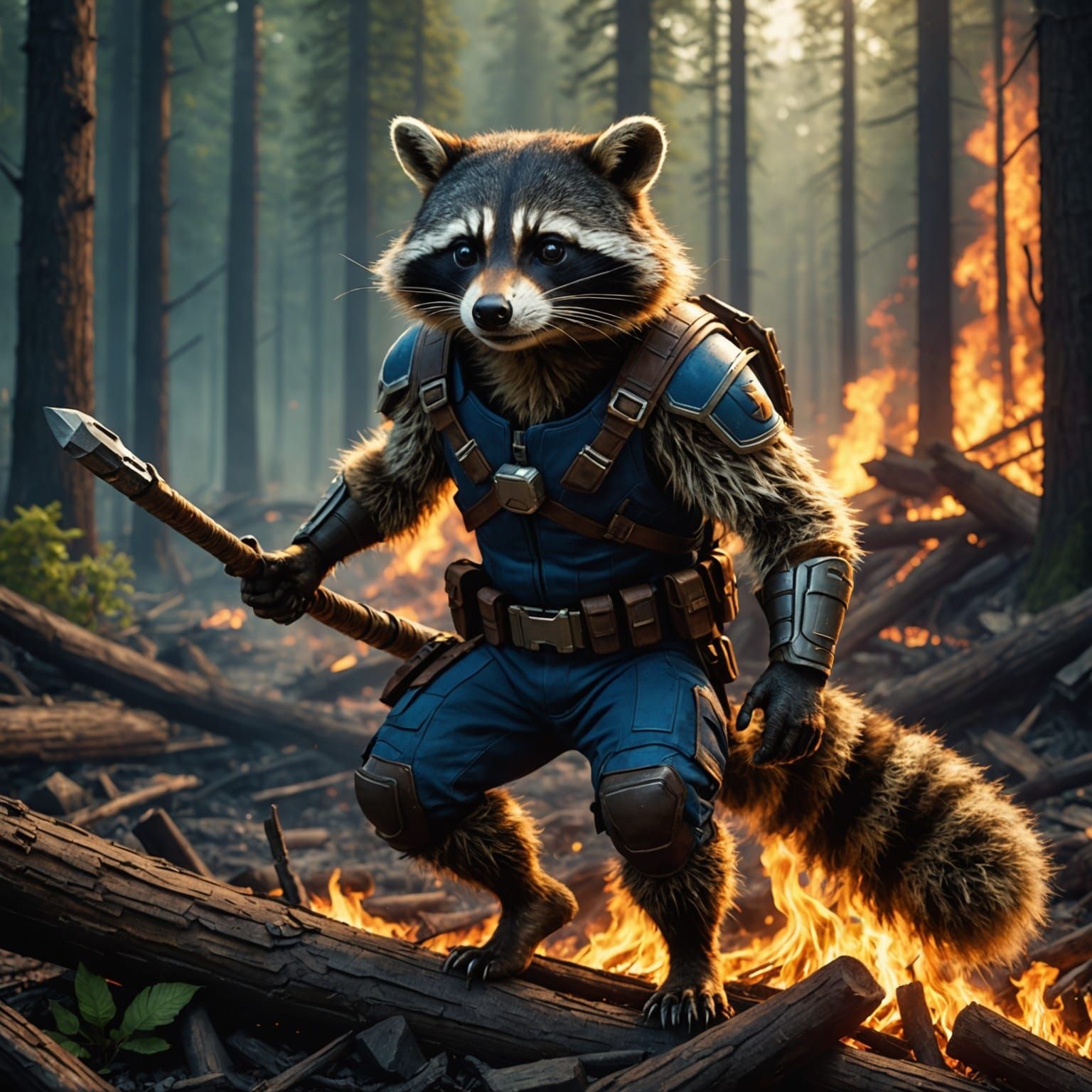 Photorealistic Superhero Raccoon in Forest Fire