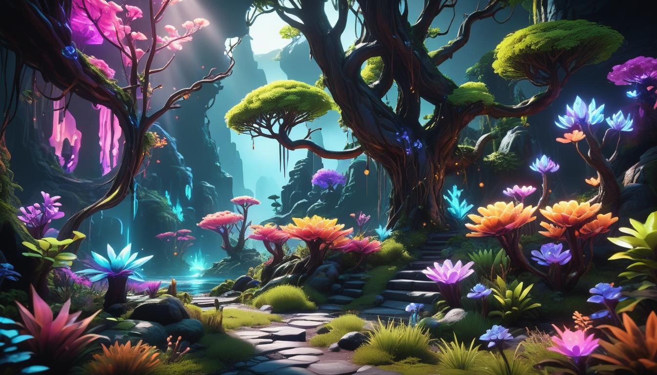 Neon Fantasy Landscape in 3D Game Cinematic Style