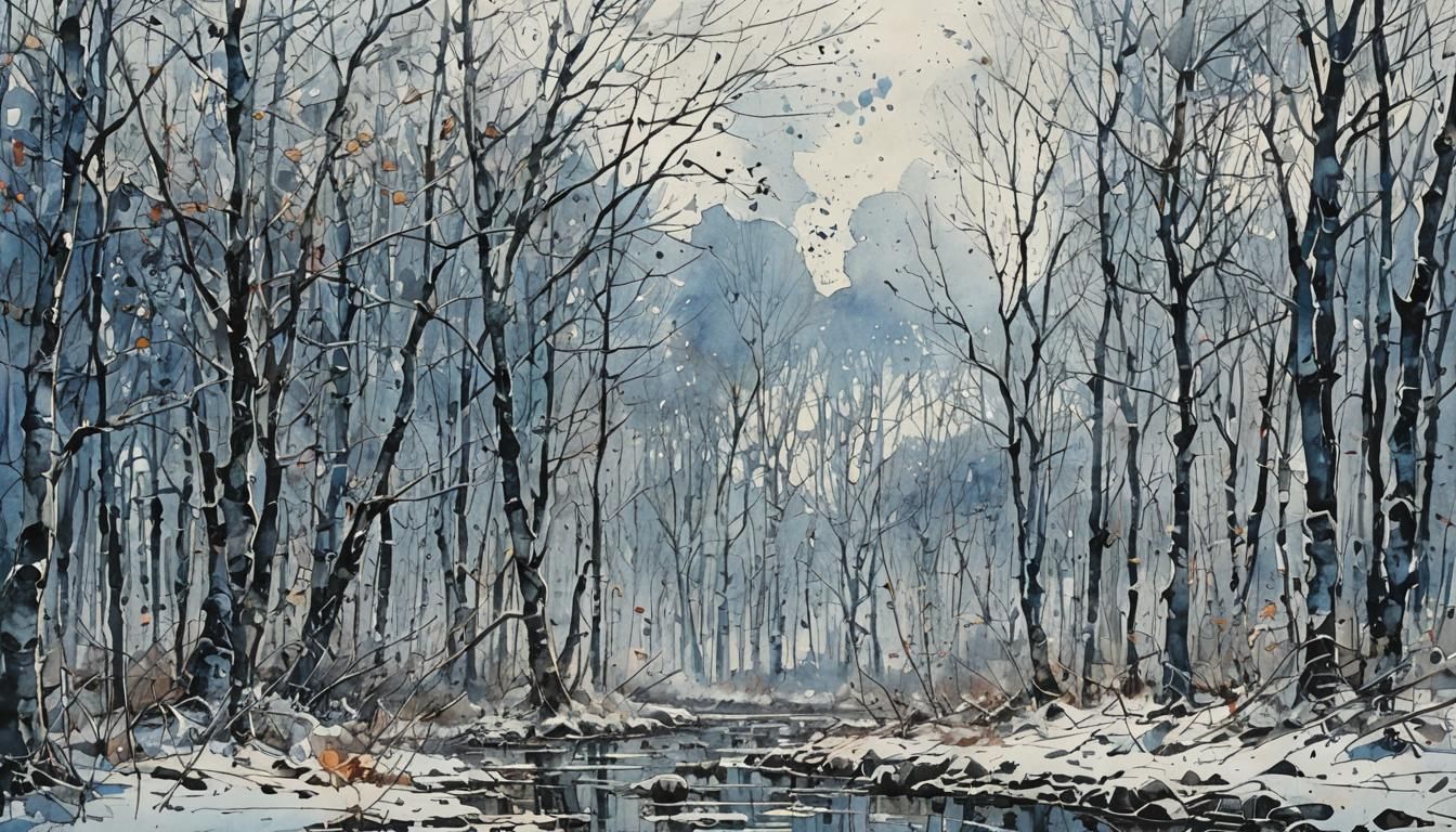 Surreal Autumn Landscape in Abstract Blue Ink Style