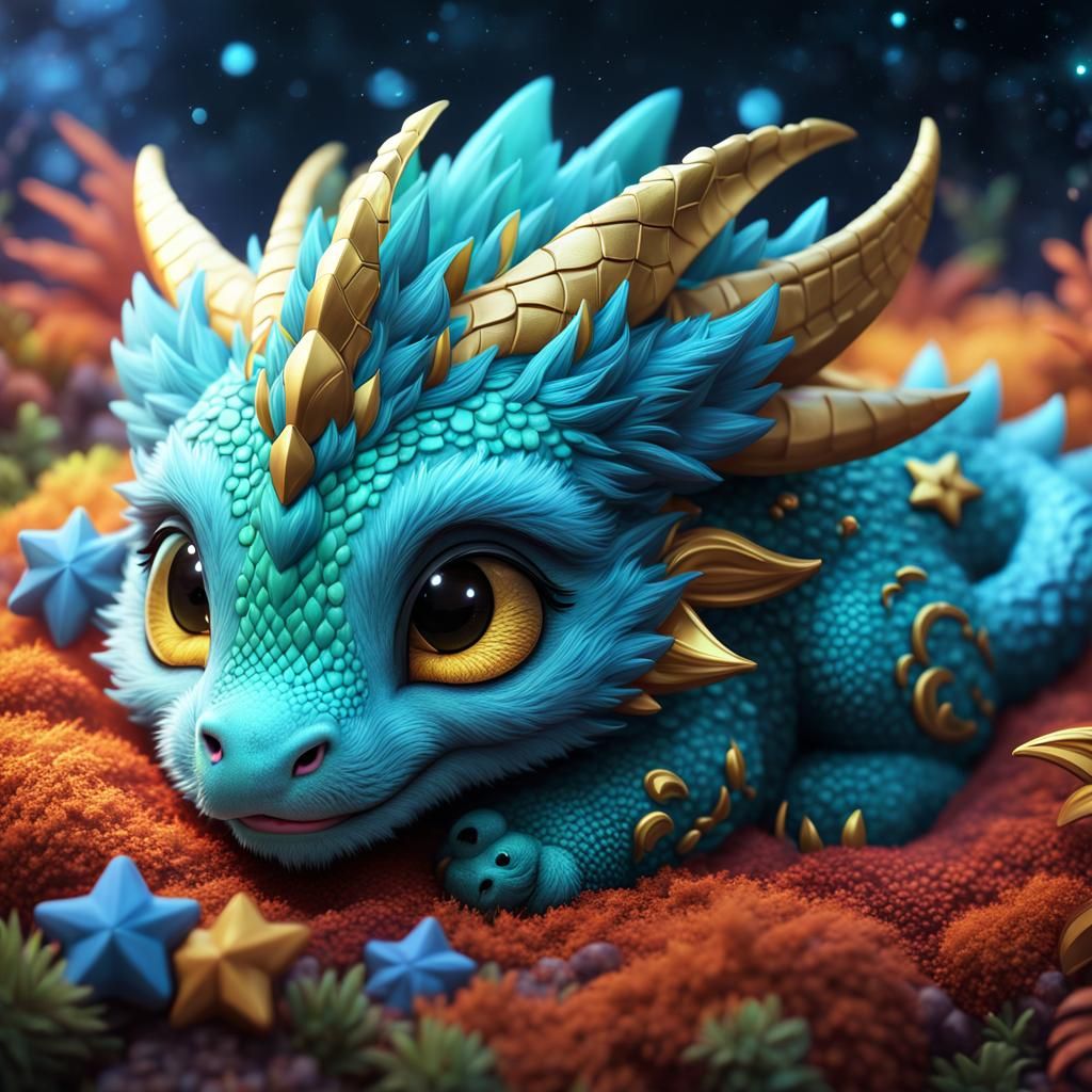 Chibi Star Dragon Dreaming: Detailed Digital Matte Painting