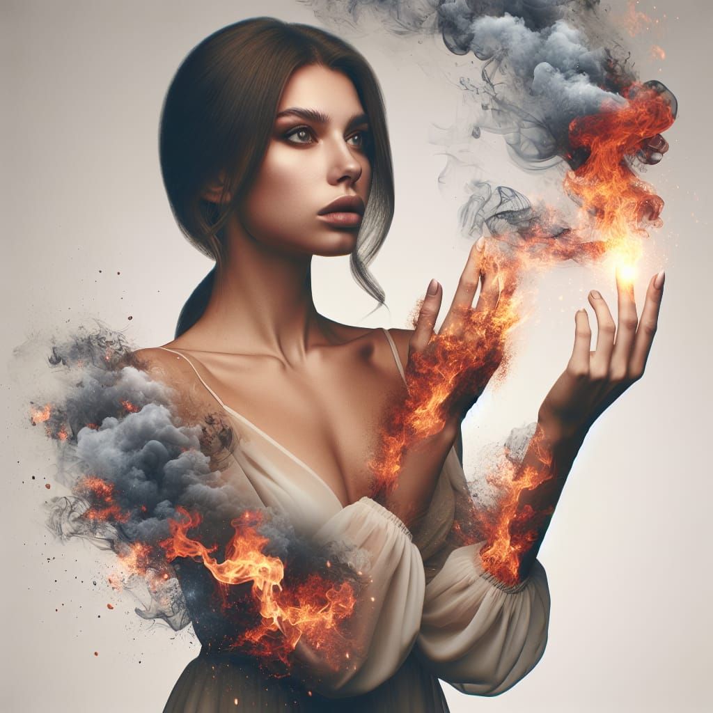Double Exposure: Woman's Fiery Magical Power