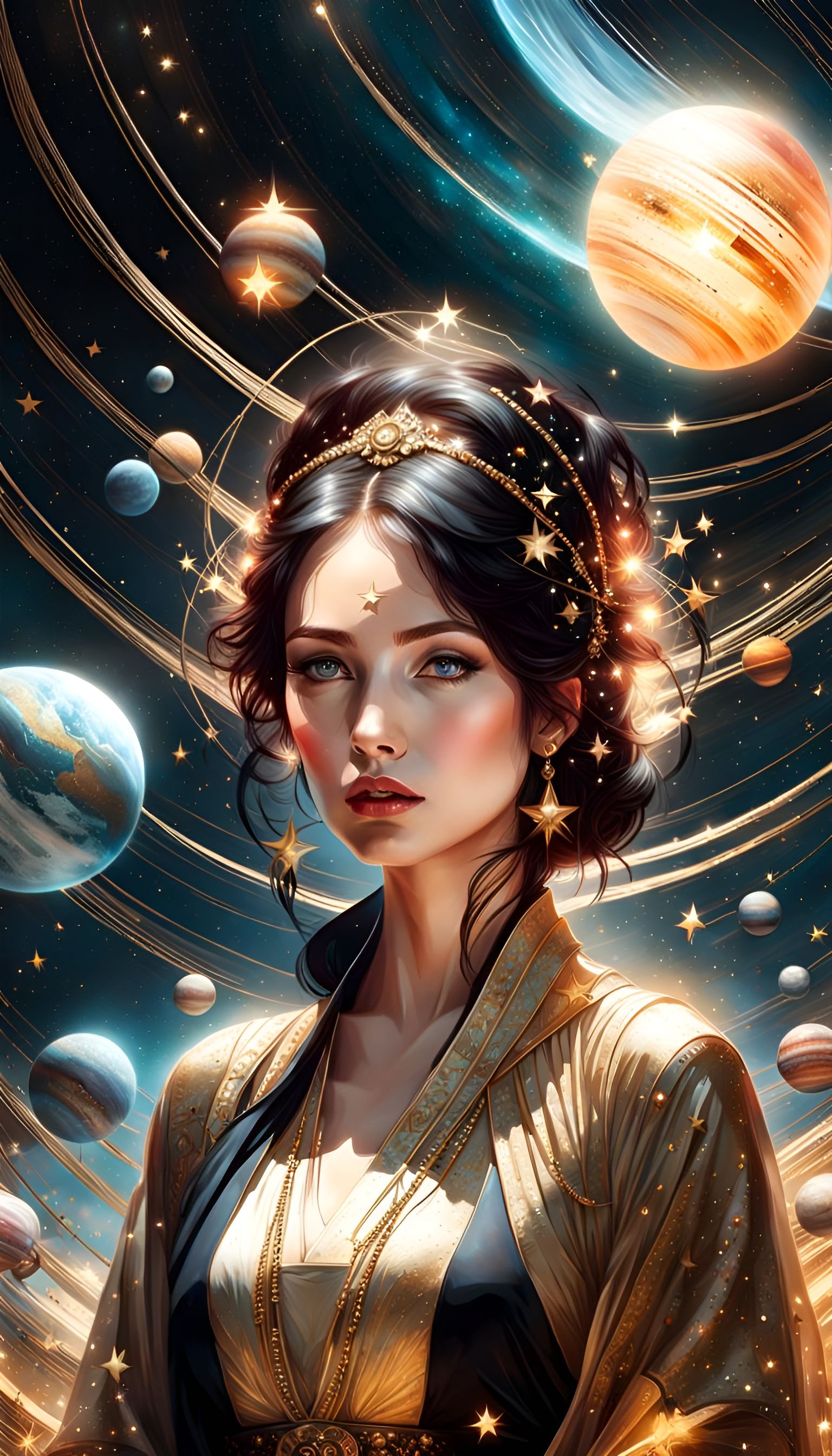 Midnight Portrait: Woman with Planets and Stars