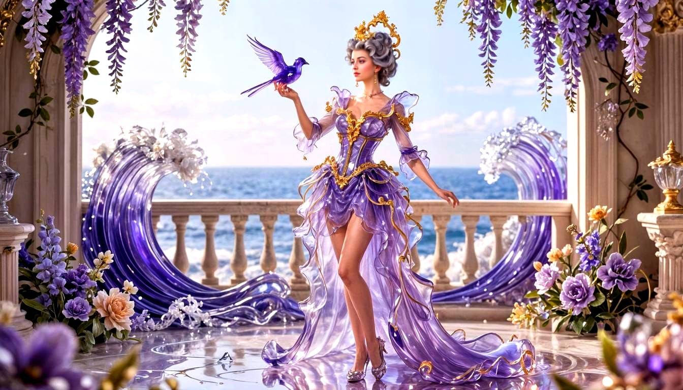 Baroque Woman in Glass Dress with Bird