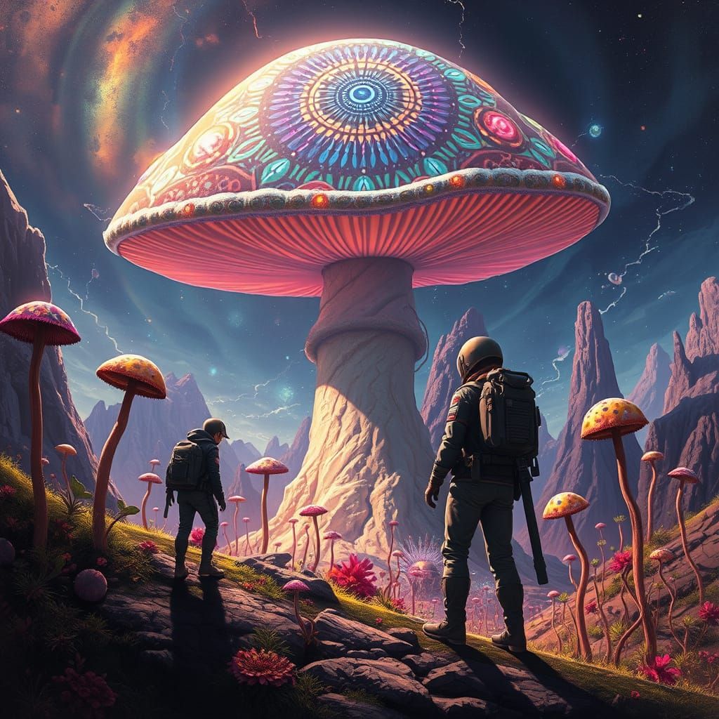 Space Explorer in Awe of Glowing Mushroom on Alien Planet