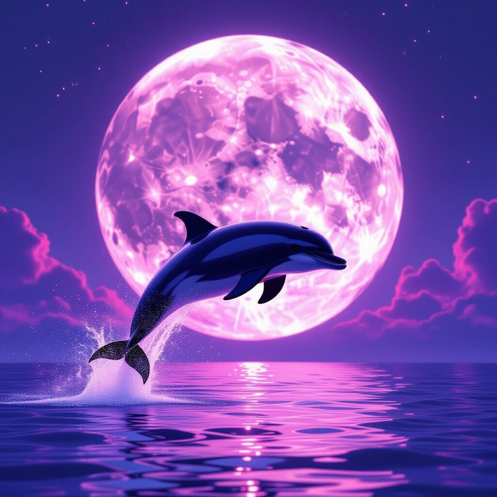 Dolphin Leap Under Neon Moon, Digital Art