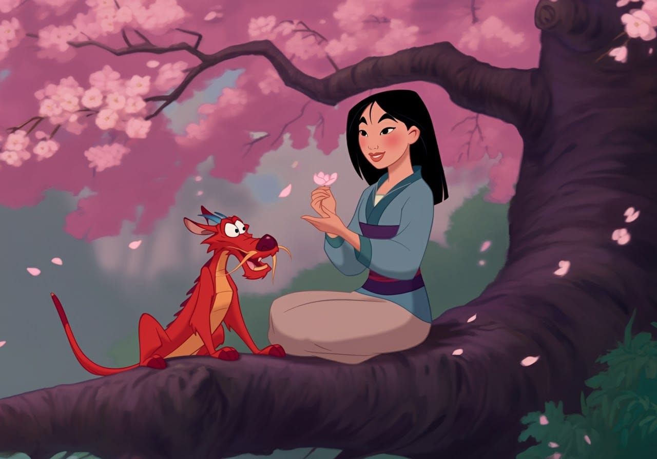 Mulan and Mushu under Cherry Blossom Tree