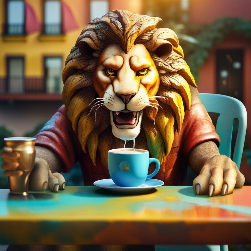 Anthropomorphic Lion Enjoying Coffee, Hyperrealistic Art