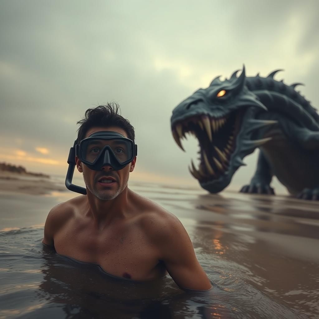 Underwater Cosmic Horror: Diver Confronts Sea Monster