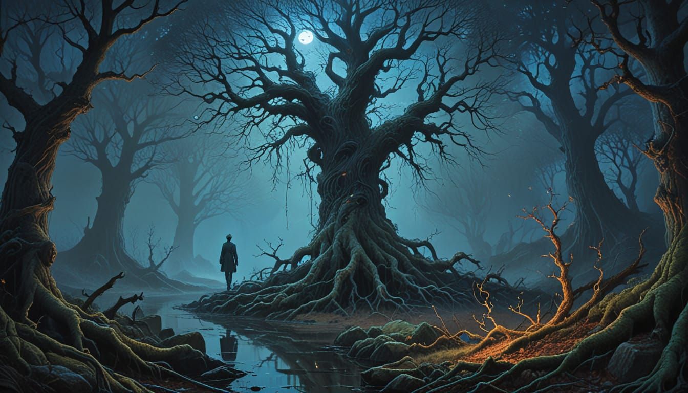 Dreamlike Forest Encounter in Mysterious, Moonlit Setting