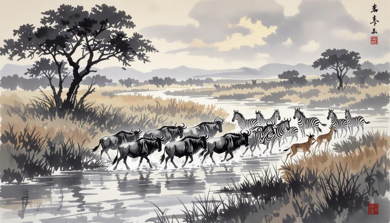 Wildebeest Migration as Chinese Ink Painting