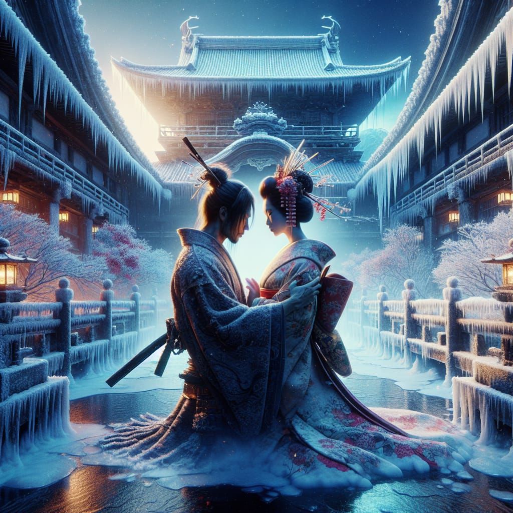 two lovers kissing (Japanese Samurai and Japanese Geisha tur...