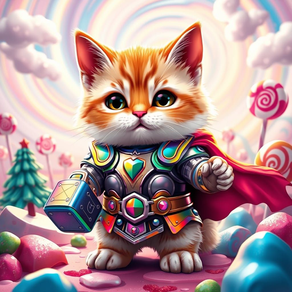 Chubby Cat Unleashes Power as Thor in Whimsical Candyland