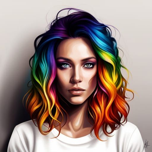 Rainbow Hair Noir: Hyperrealistic Fantasy Art Portrait