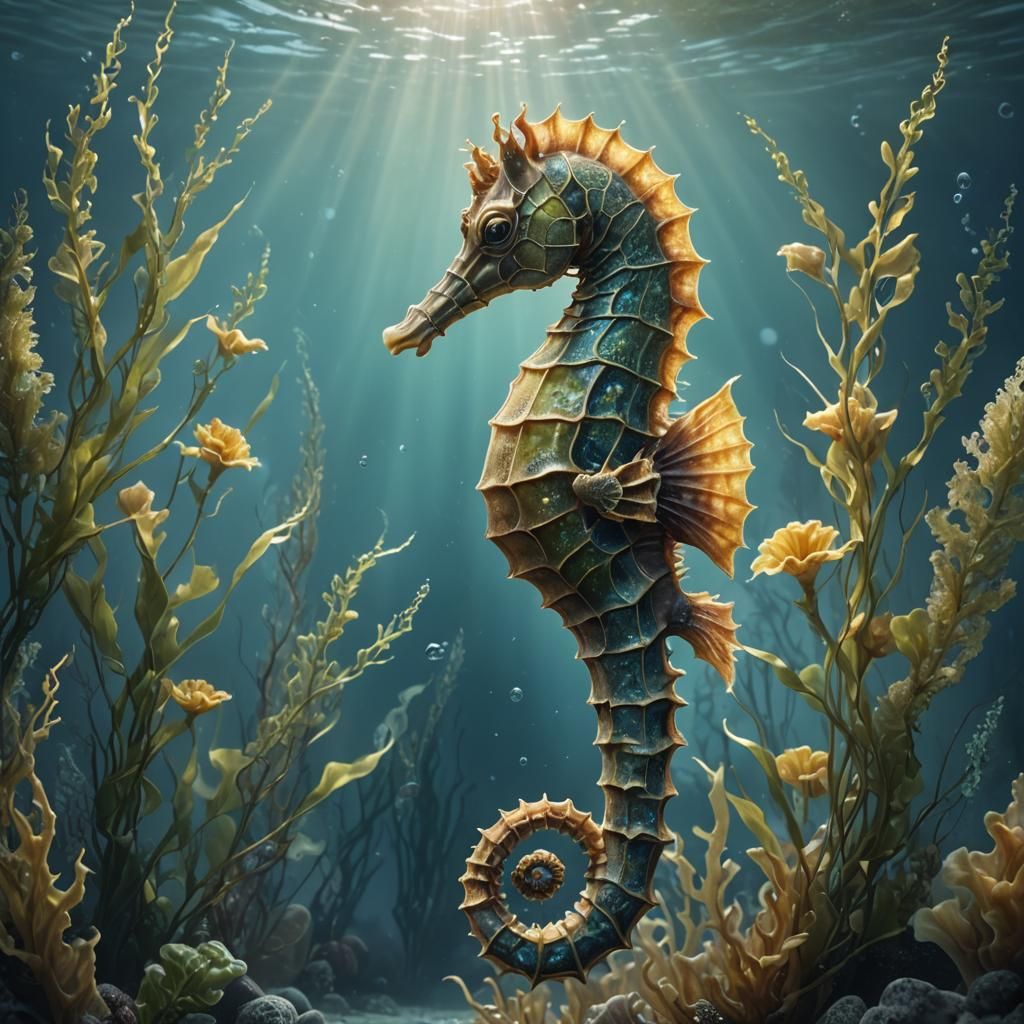 Underwater Seahorse Shimmers in Sunlight: Digital Matte Pain...