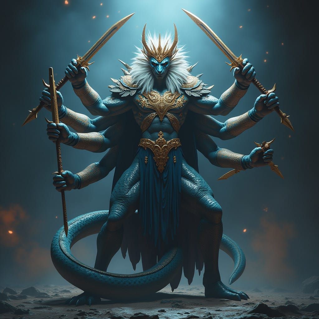 Regal, Eight-Armed King-Snake Hybrid in Majestic Armor and C...