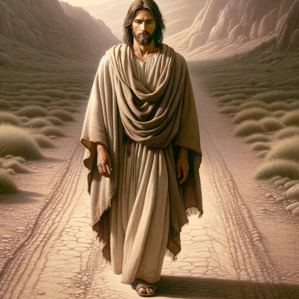 Jesus Walks a Dusty Road in Biblical Landscape