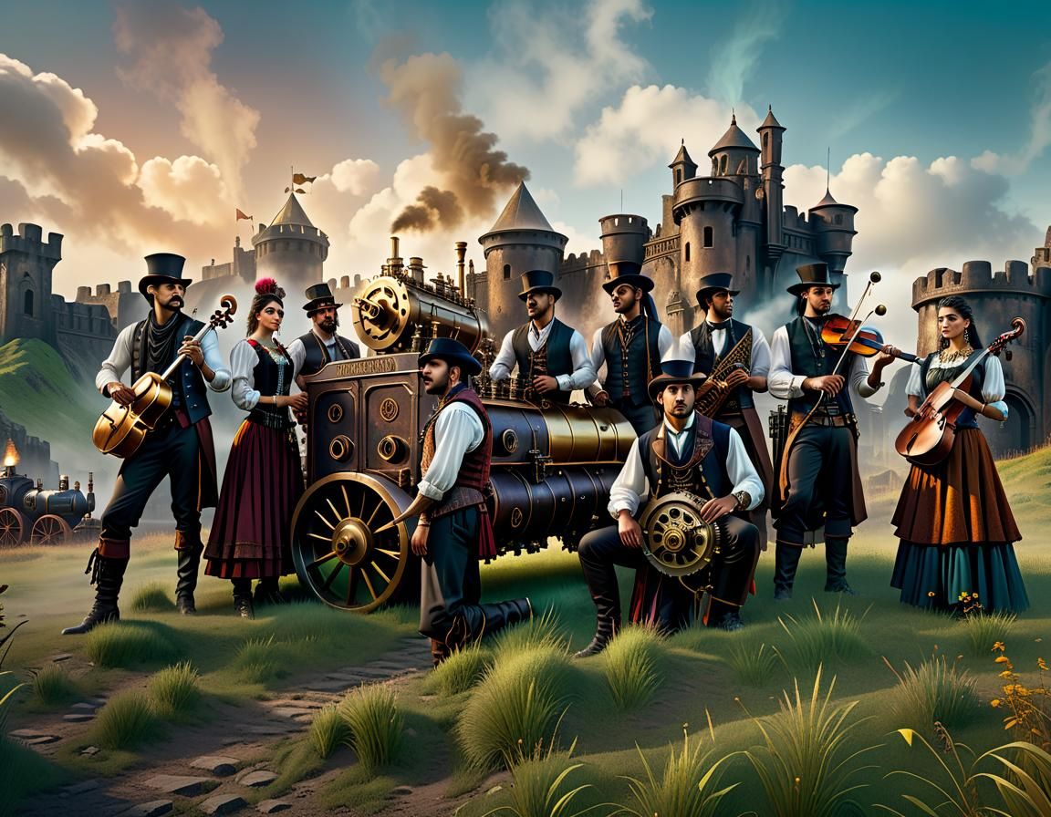 Steampunk Fortress: Roma Musicians in Detailed Matte Paintin...