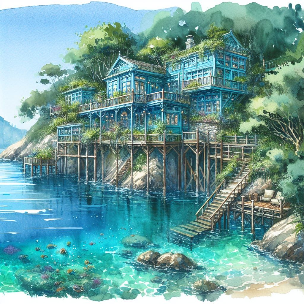 Watercolor Seaside Retreat with Blue House