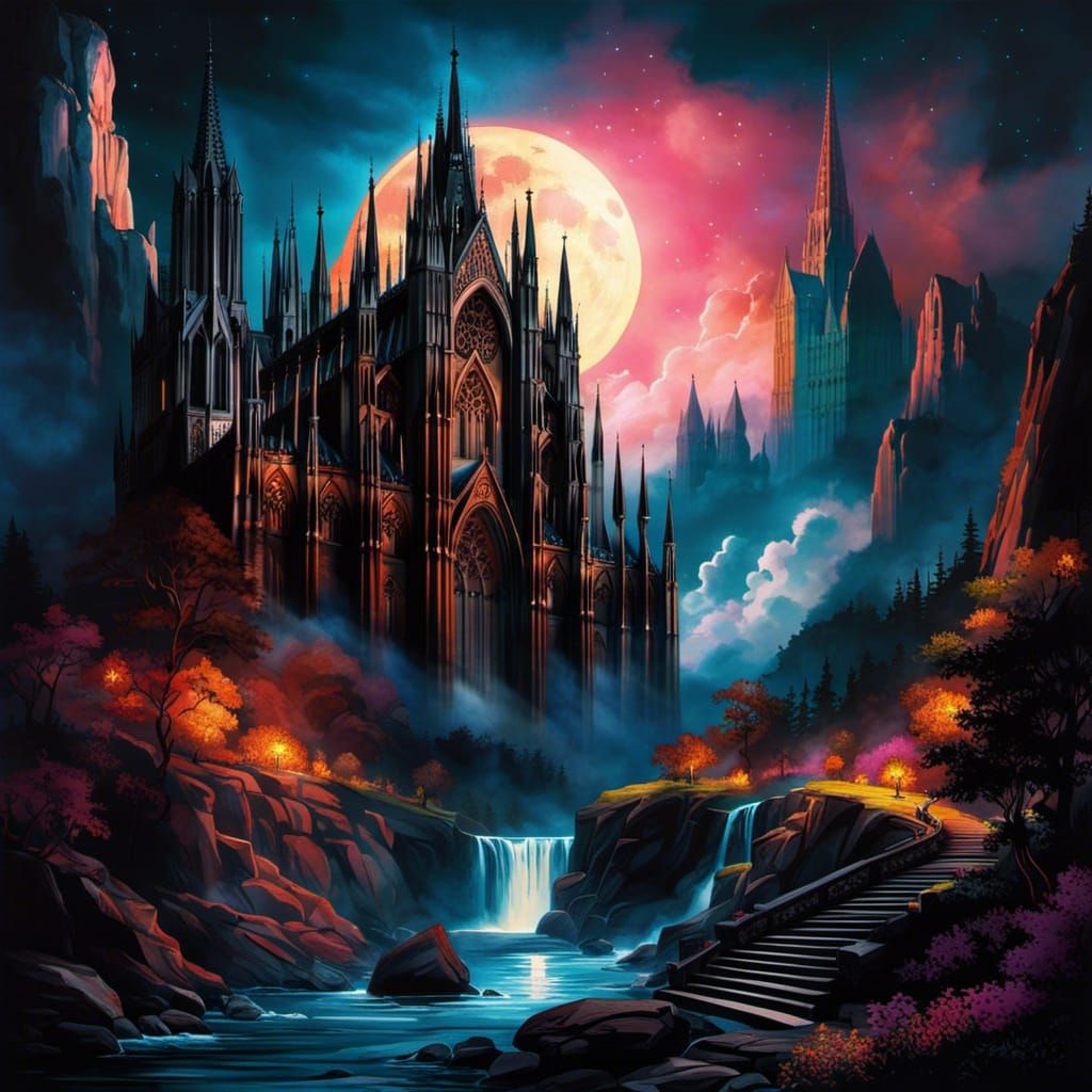 Gothic Cathedral on Ominous Cliff in Watercolor Style