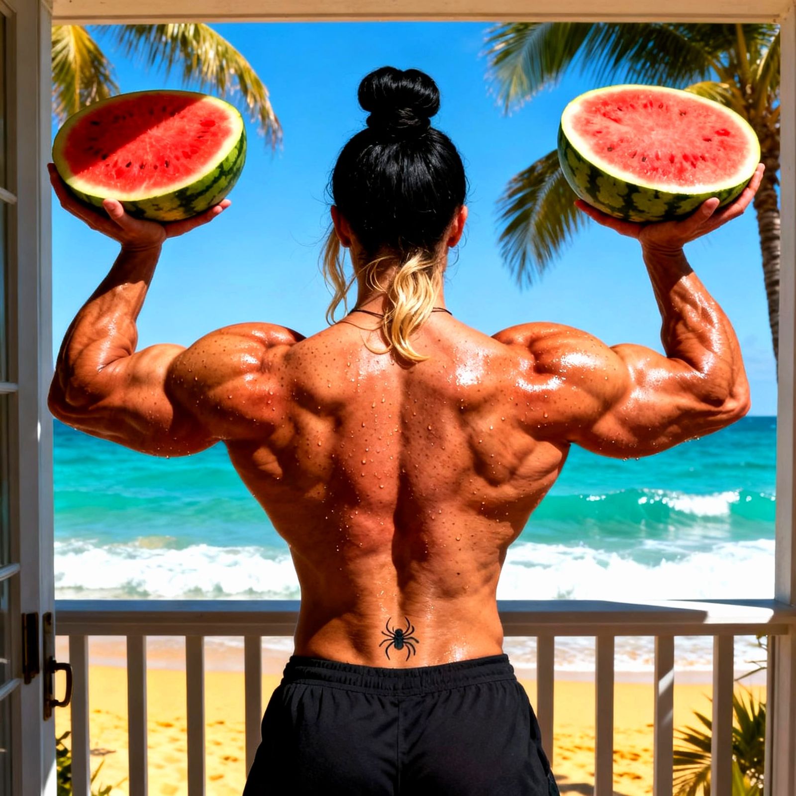 Muscular Woman Carries Watermelons on Tropical Beach