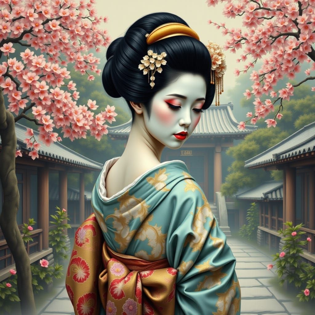 Ethereal Japanese Geisha in Pastel Hues Against Ancient Shri...