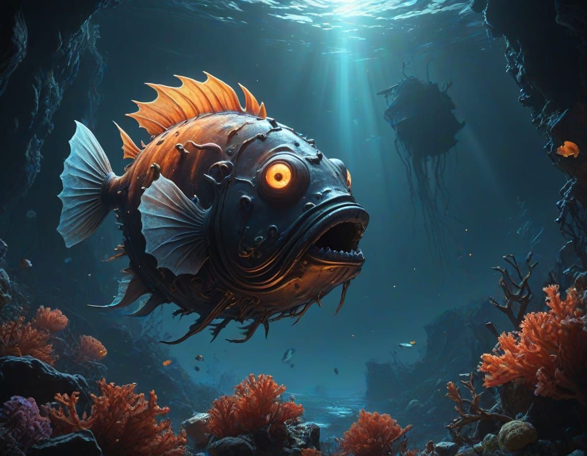 Bioluminescent Anglerfish Lures Prey in Deep Sea Digital Pai...