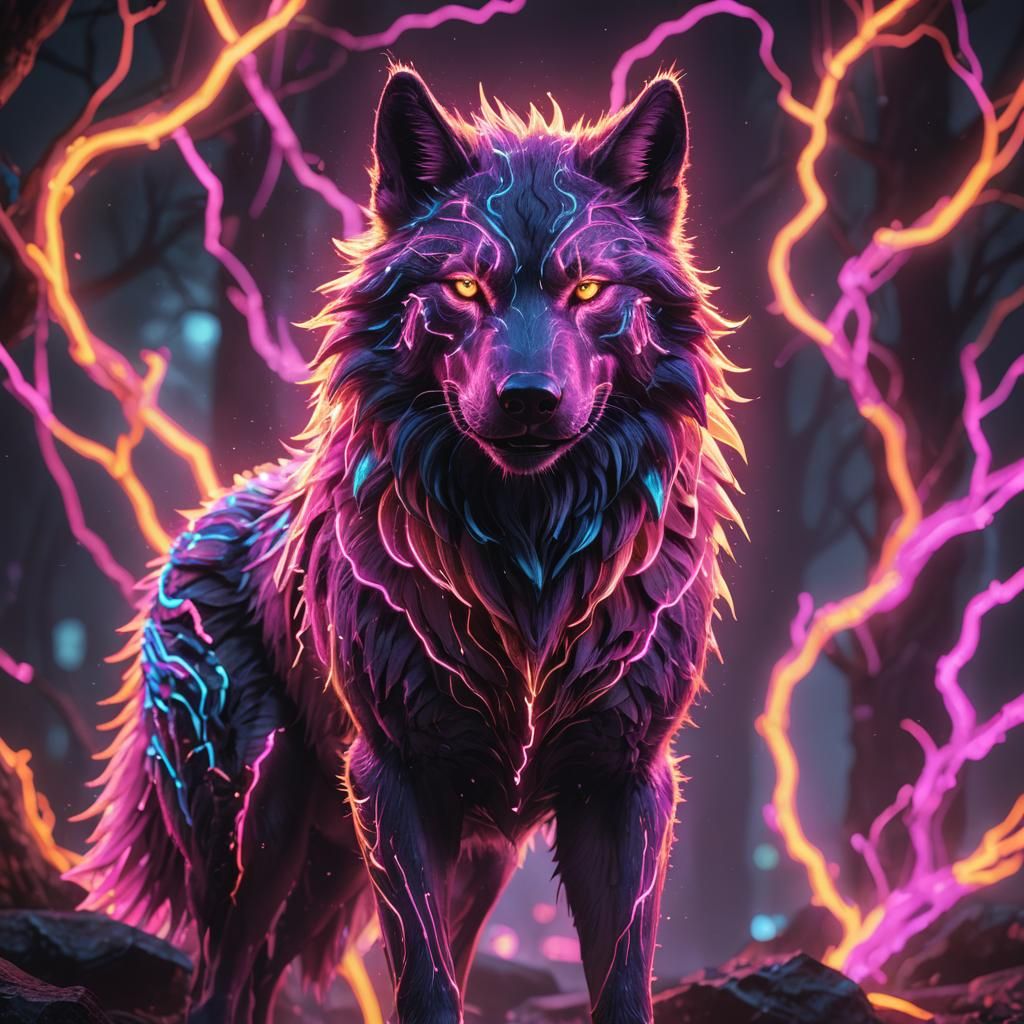 Neon Spirit Wolf: Detailed Matte Painting