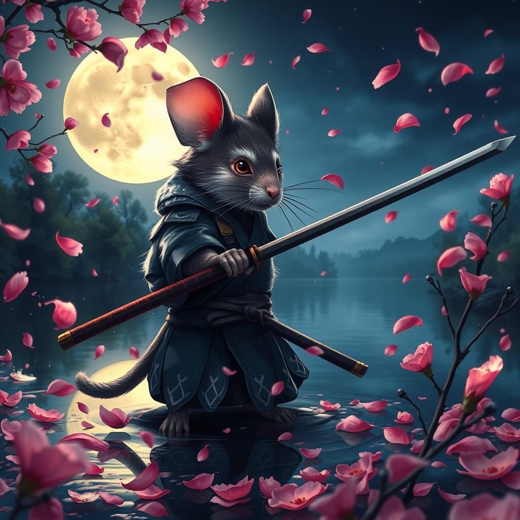 Ronin Mouse Battles Under Sakura Petals Illuminated by Full....