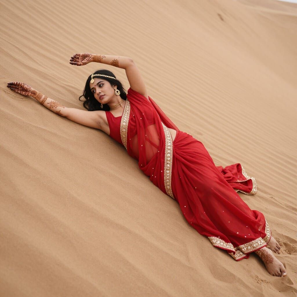 South Asian Woman in Crimson Saree on Sand Dune