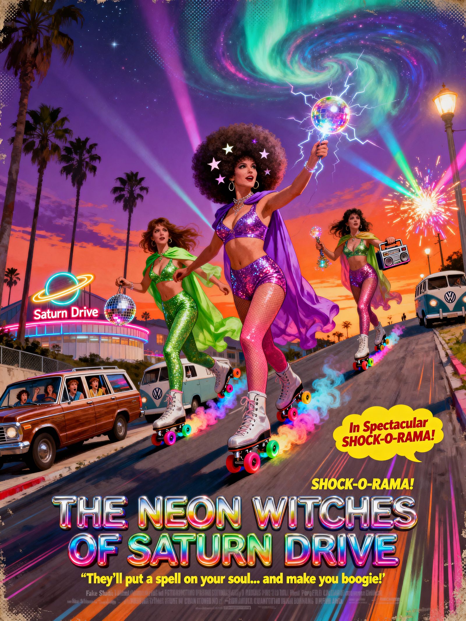 Neon Witches on Roller Skates Leave Trails of Smoke