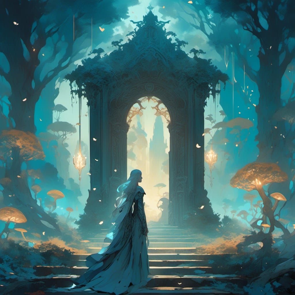 Woman at Gates of Delirium in Dreamlike Fantasy Art