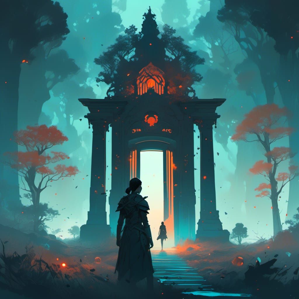 Woman at Bioluminescent Portal in Dreamy Forest