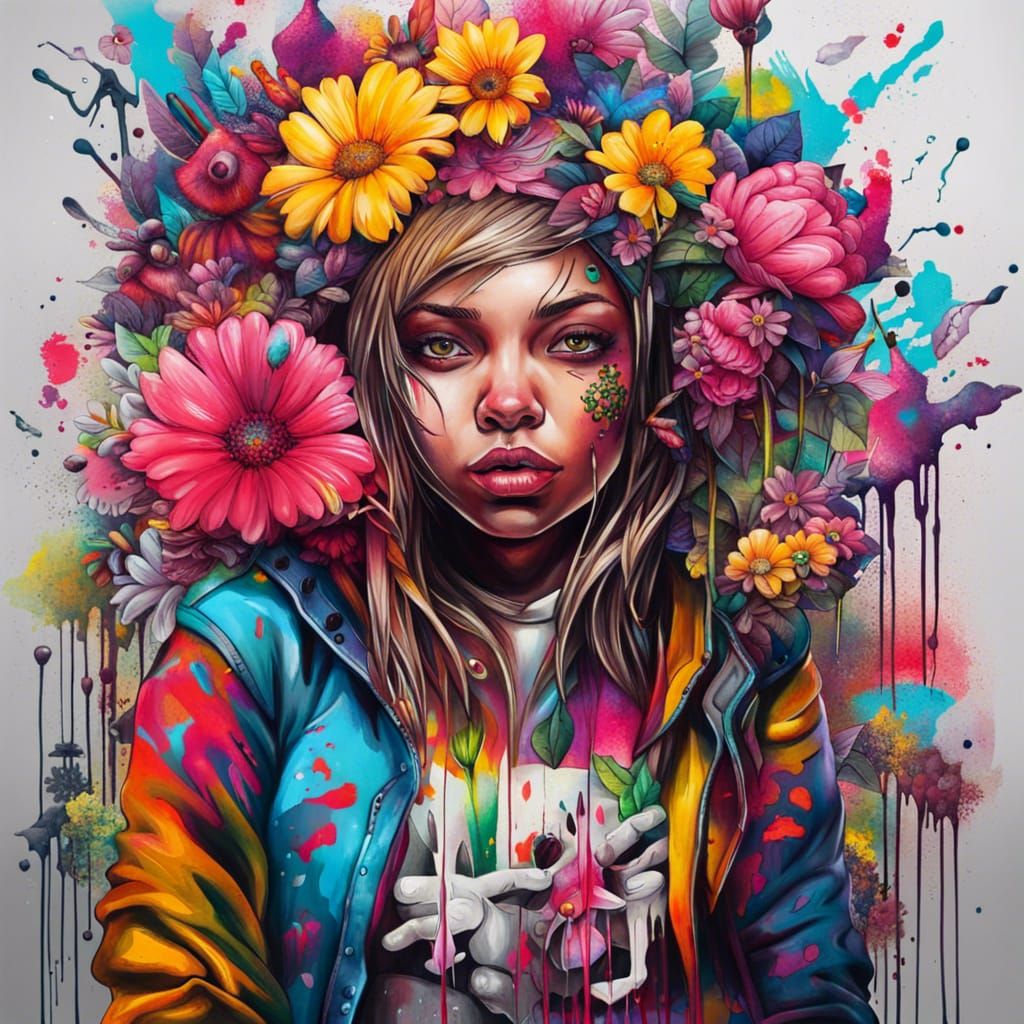 Colorful Warrior Girl with Flowers in Graffiti Art