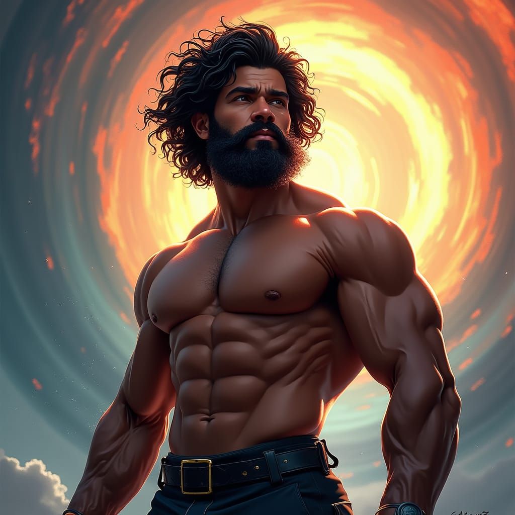 Herculean Man in Dynamic, Hyperrealistic Splash Art