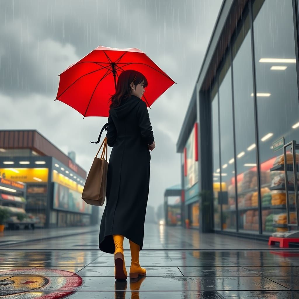 Rainy Day Anime Girl with Red Umbrella